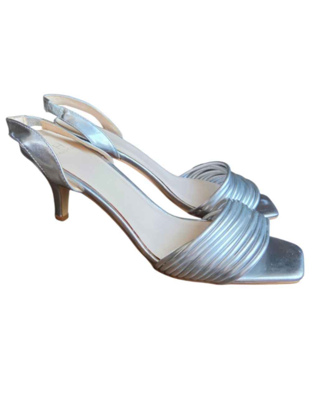 H By Halston Silver Slingback Kitten Heel Vegan Leather Square Toe Size 9